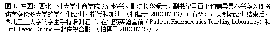 图1. 左图:永利集团3044官网欢迎您长仓怀兴、副院长骞爱荣、副书记马西平和辅导员秦兴华为即将访学多伦多大学的学生们培训、指导和加油 (拍摄于2018-07-13);右图:五天制药培训结束后,永利集团3044官网欢迎您的学生手持培训证书, 在制药实验室前(Patheon Pharmaceutics Teaching Laboratory)和Prof. David Dubins一起庆祝合影 (拍摄于2018-07-25)。